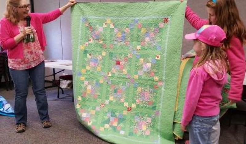 Anita is showing a set of quilts made for grandchildren that also demonstrates the effect of color choices